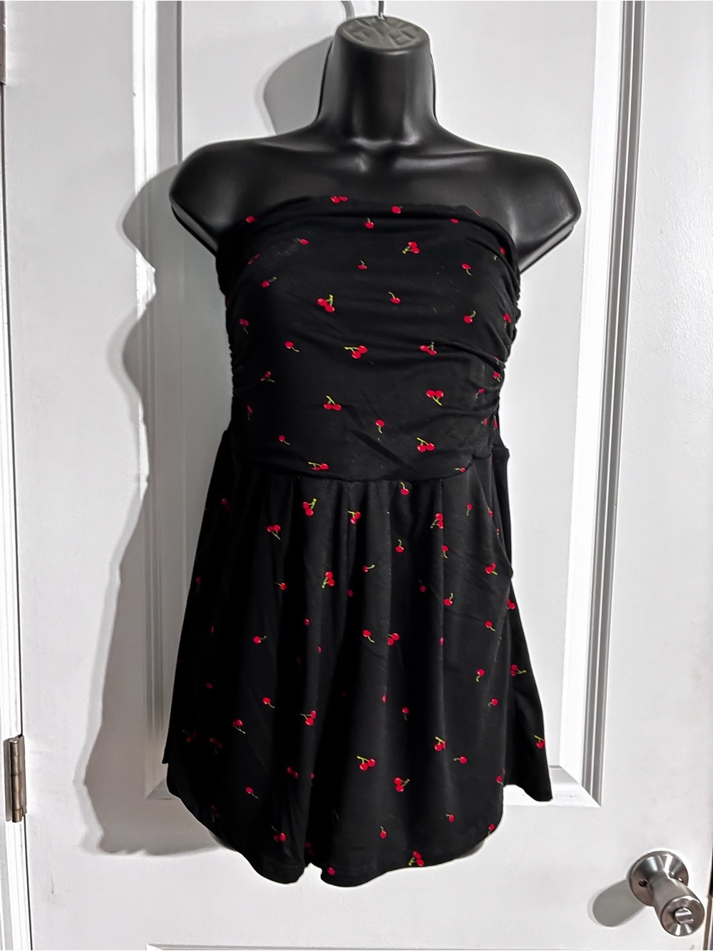 Black Strapless Cherry-Print Romper
